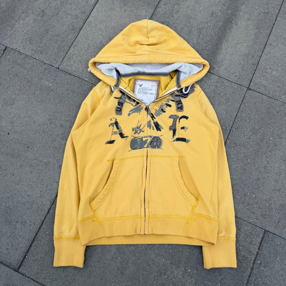 American Eagle Outfitters Yellow Zip Up Hoodie Vintage Fit Graphic Mens Medium